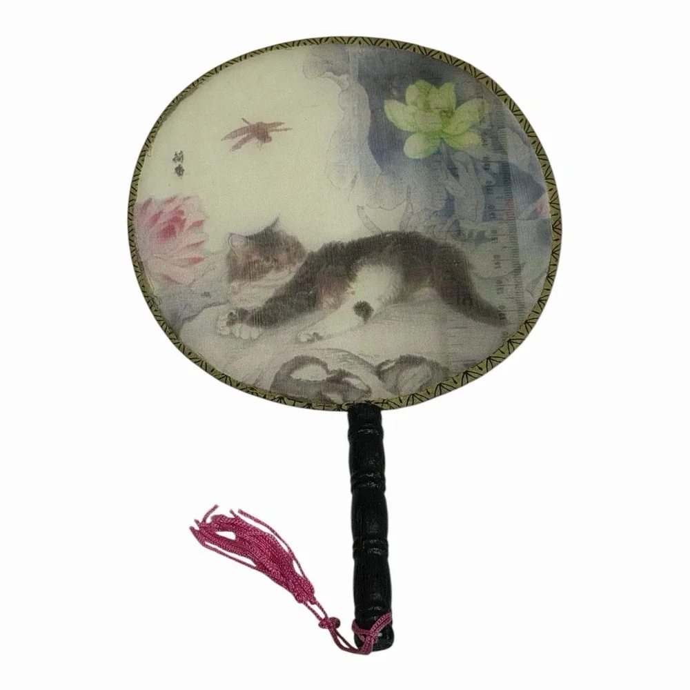 Double Sided Cat Decor Hand Held Painted Fan Chinese Han Ancient Round Fan